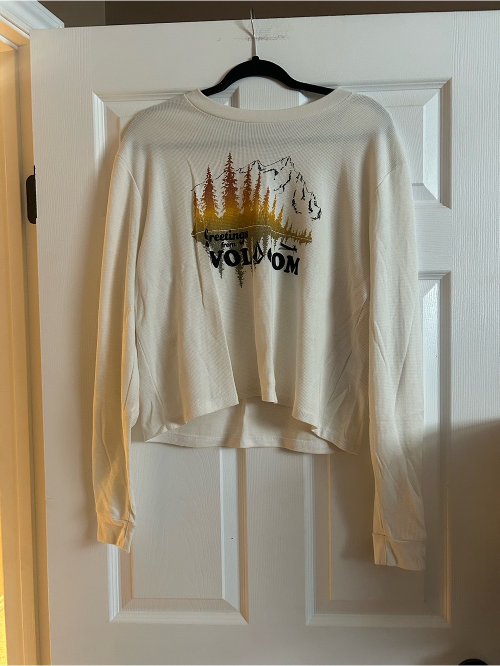 Volcom Cream Long Sleeve Cropped Graphic Tee with Yellow-Orange Gradient